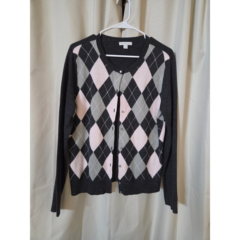 New York & Company Womens XL Argyle Rhinestone Button Front Cardigan Gray Pink